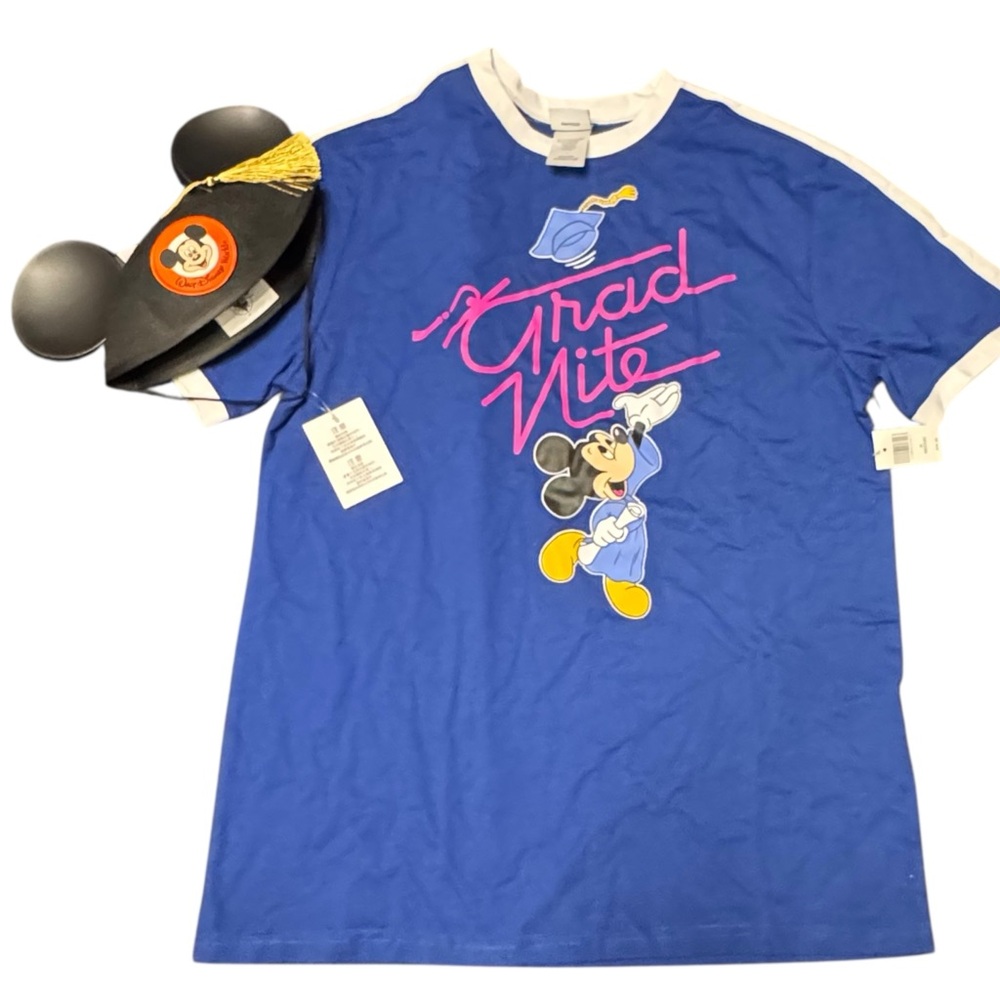 Disney Blue Grad Nite Mickey Mouse Tee and Mickey Ears Cap with Tassel